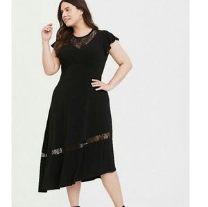 BLACK STUDIO KNIT LACE INSERT ASYMMETRICAL DRESS